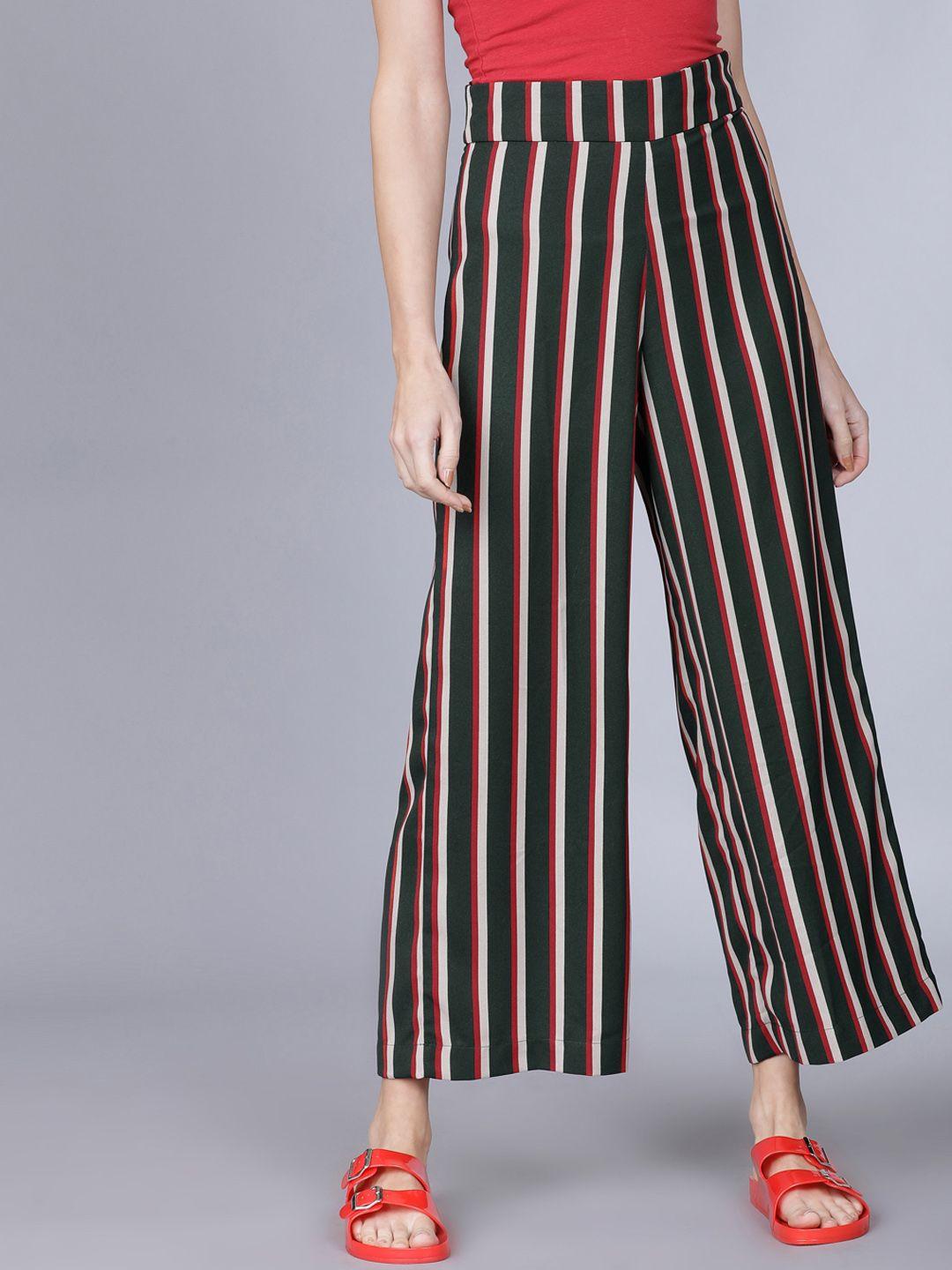 tokyo talkies women green & red regular fit striped culottes