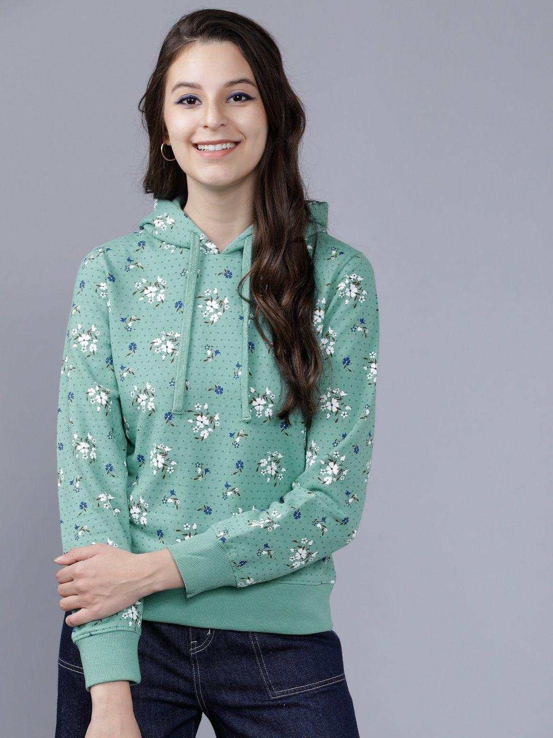 tokyo talkies women green & white printed hooded sweatshirt