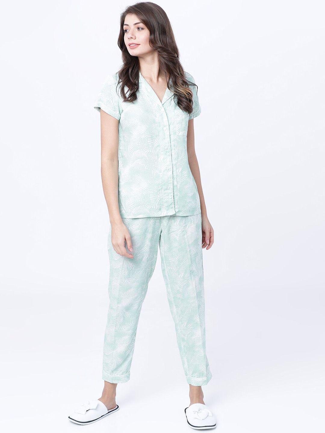 tokyo talkies women green & white printed night suit