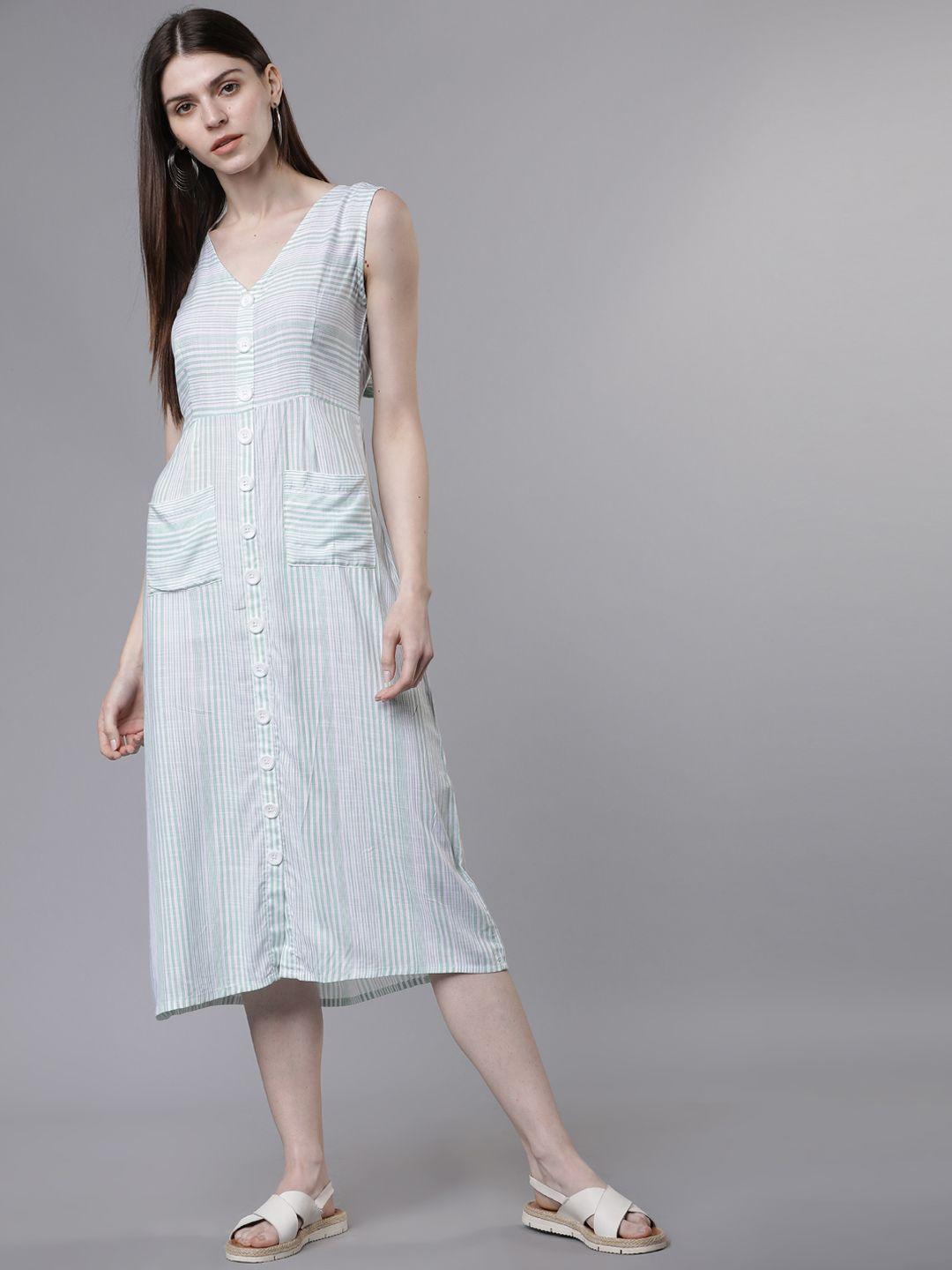 tokyo talkies women green & white striped fit and flare dress