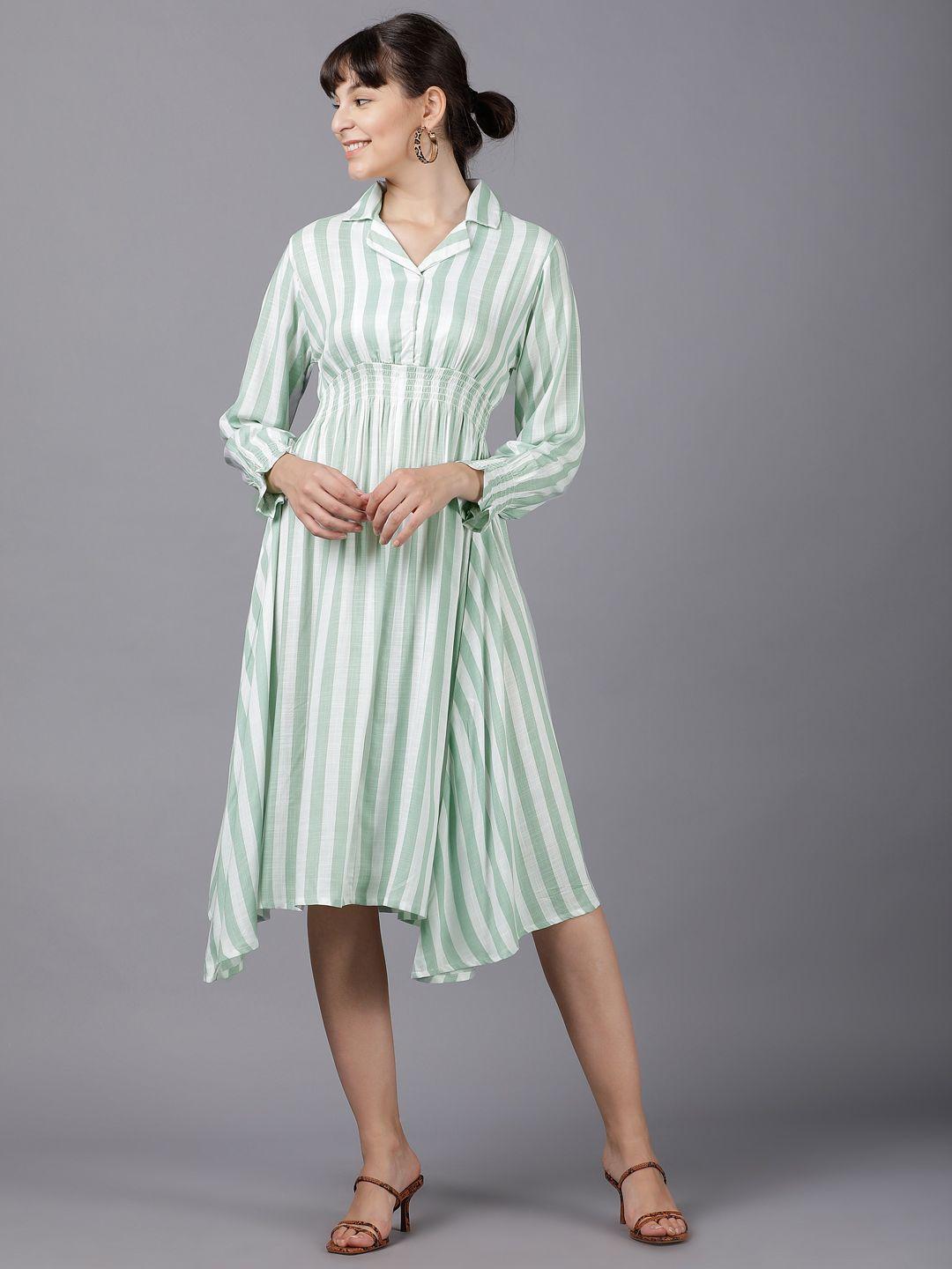 tokyo talkies women green & white striped shirt dress