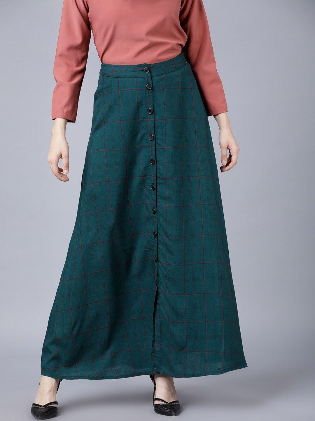 tokyo talkies women green checked flared maxi skirt