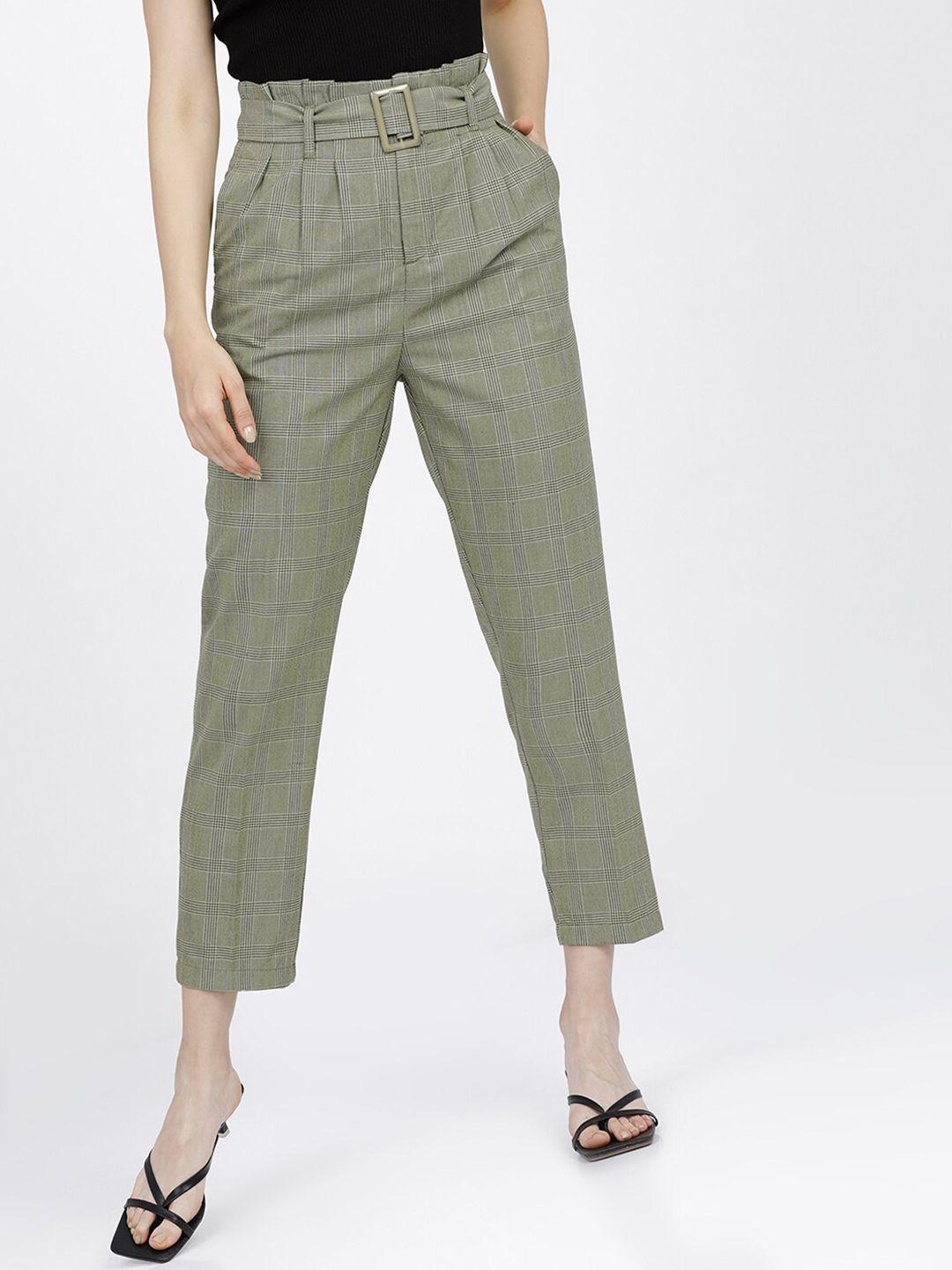tokyo talkies women green checked tapered fit high-rise easy wash formal trousers