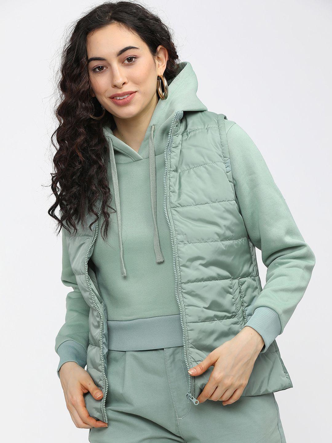 tokyo talkies women green crop puffer jacket