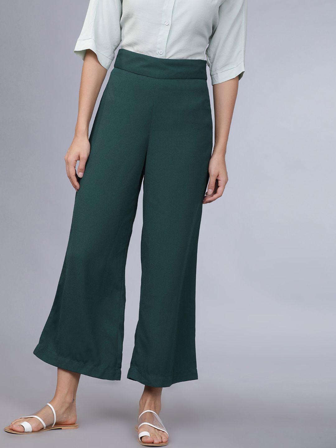 tokyo talkies women green cropped parallel trousers