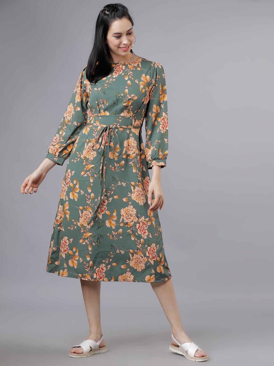 tokyo talkies women green floral print fit and flare dress