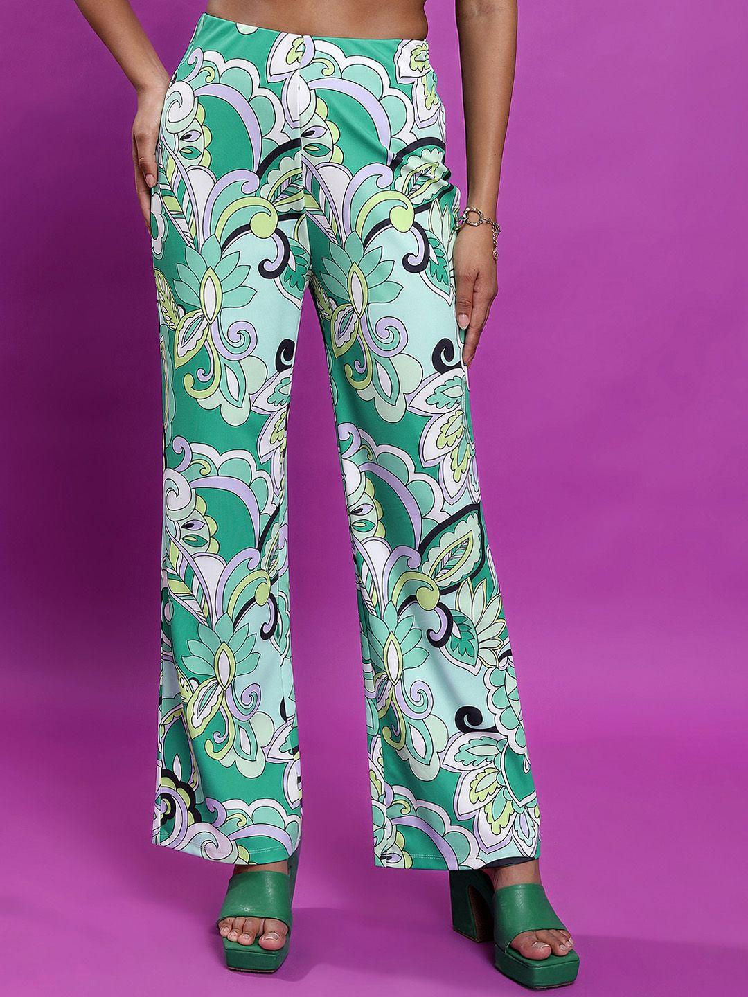 tokyo talkies women green floral printed trousers