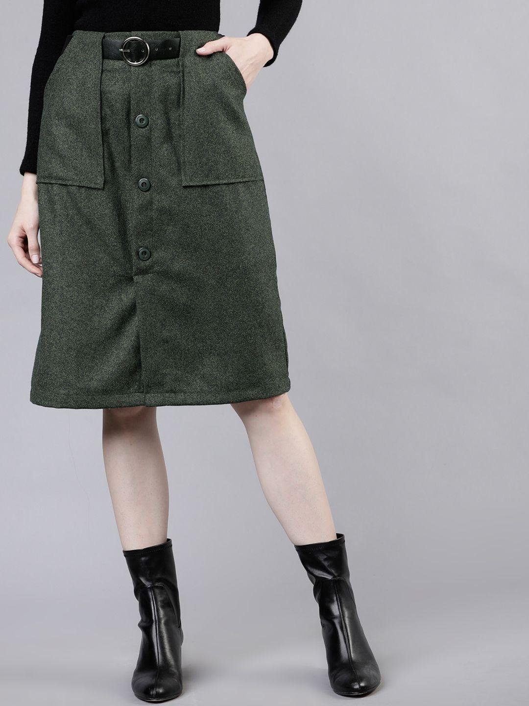 tokyo talkies women green knee-length solid straight skirt