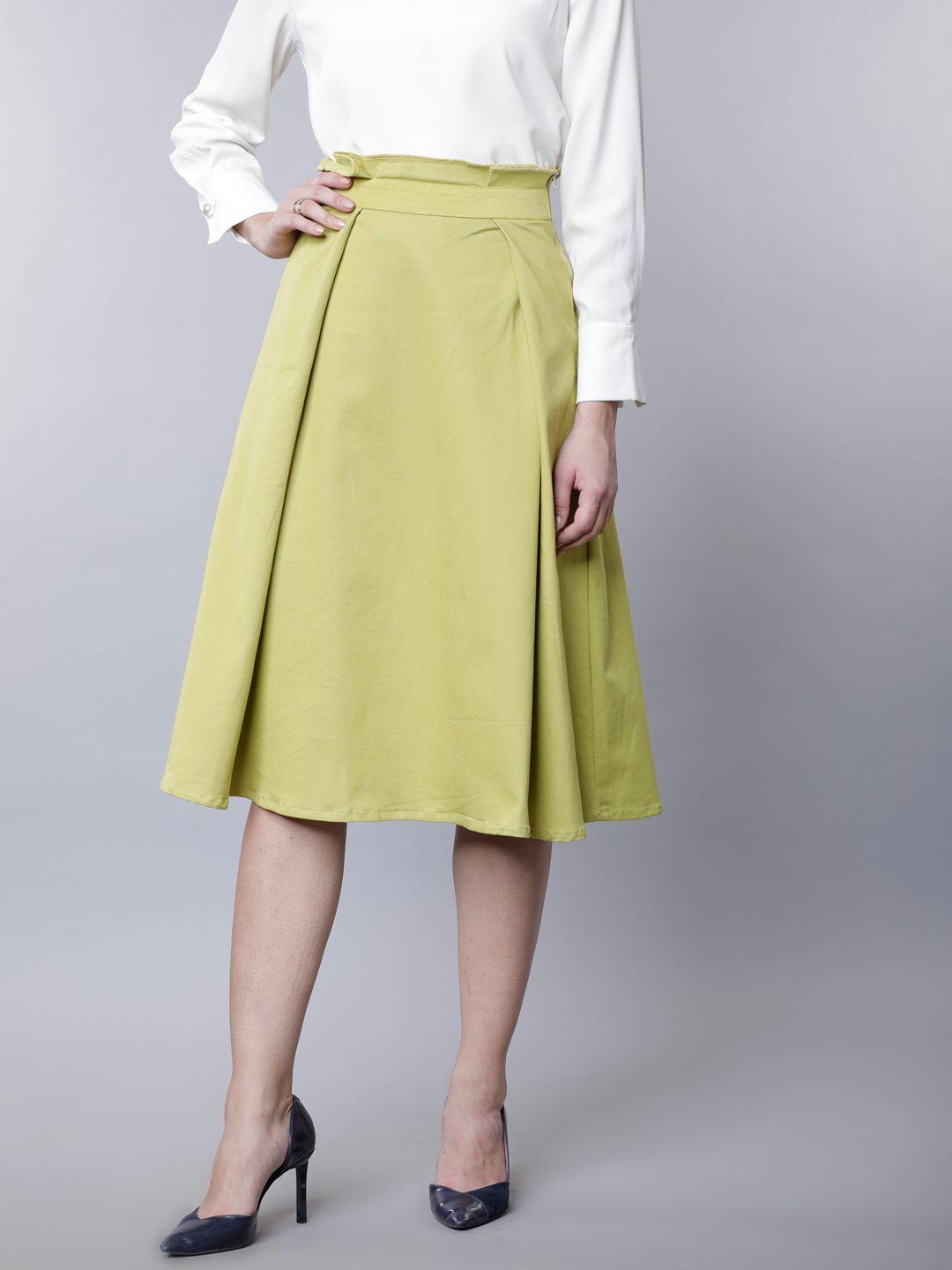 tokyo talkies women green pleated midi pure cotton skirt