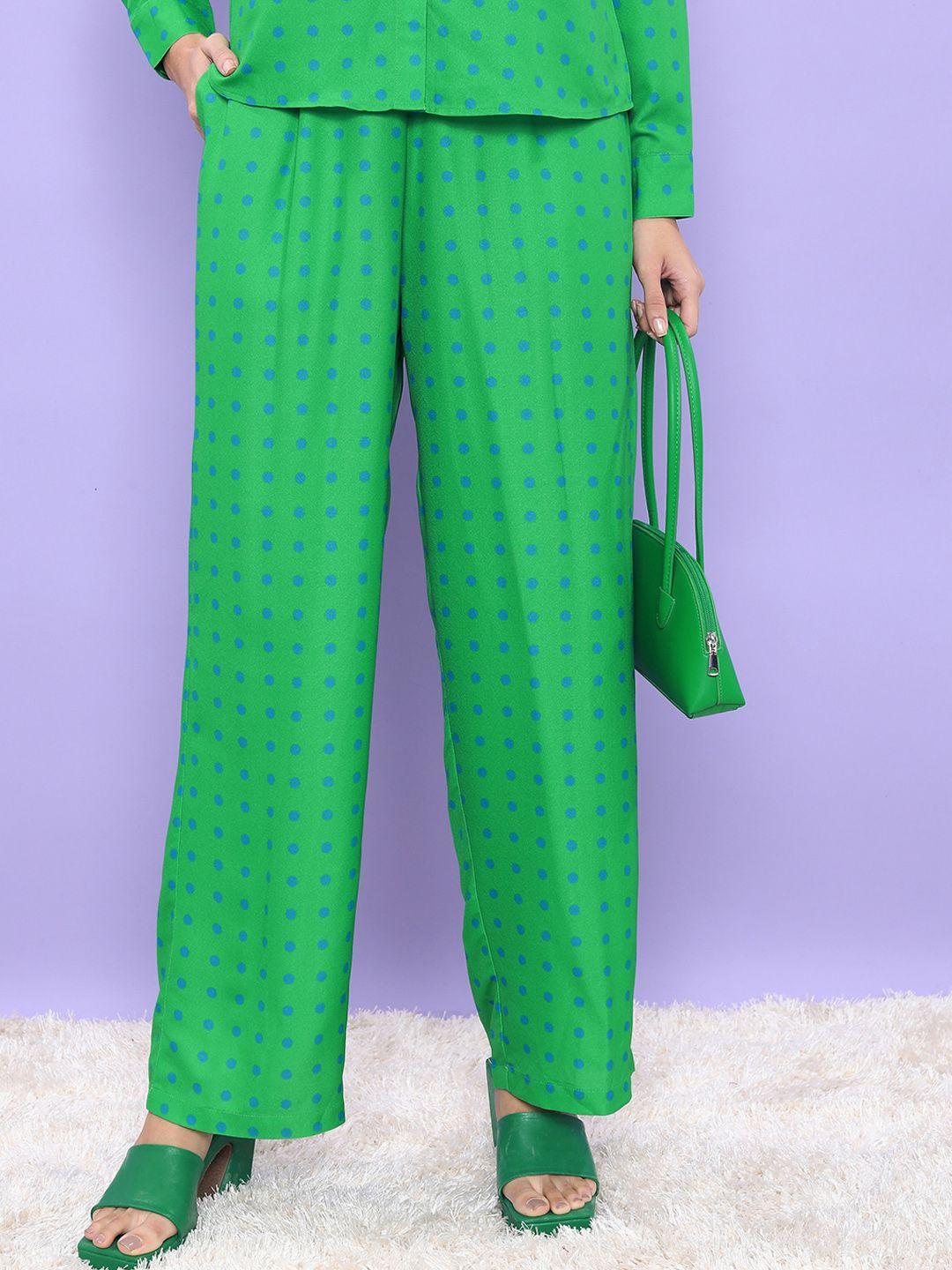 tokyo talkies women green polka dots printed trousers