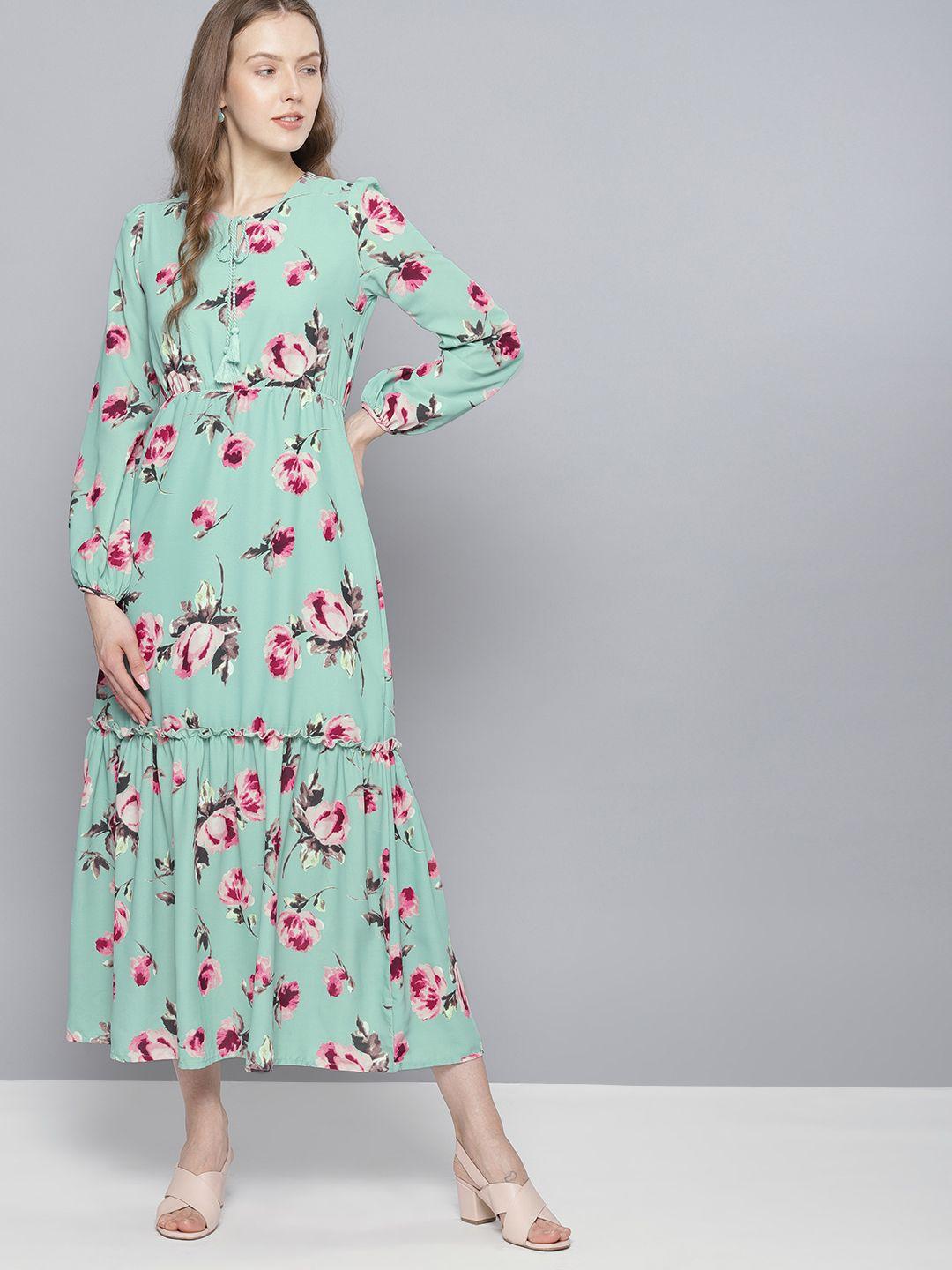 tokyo talkies women green printed & peach-coloured maxi dress