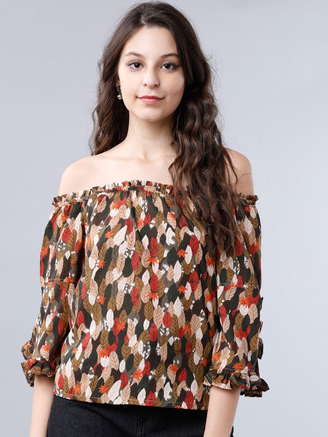 tokyo talkies women green printed bardot top