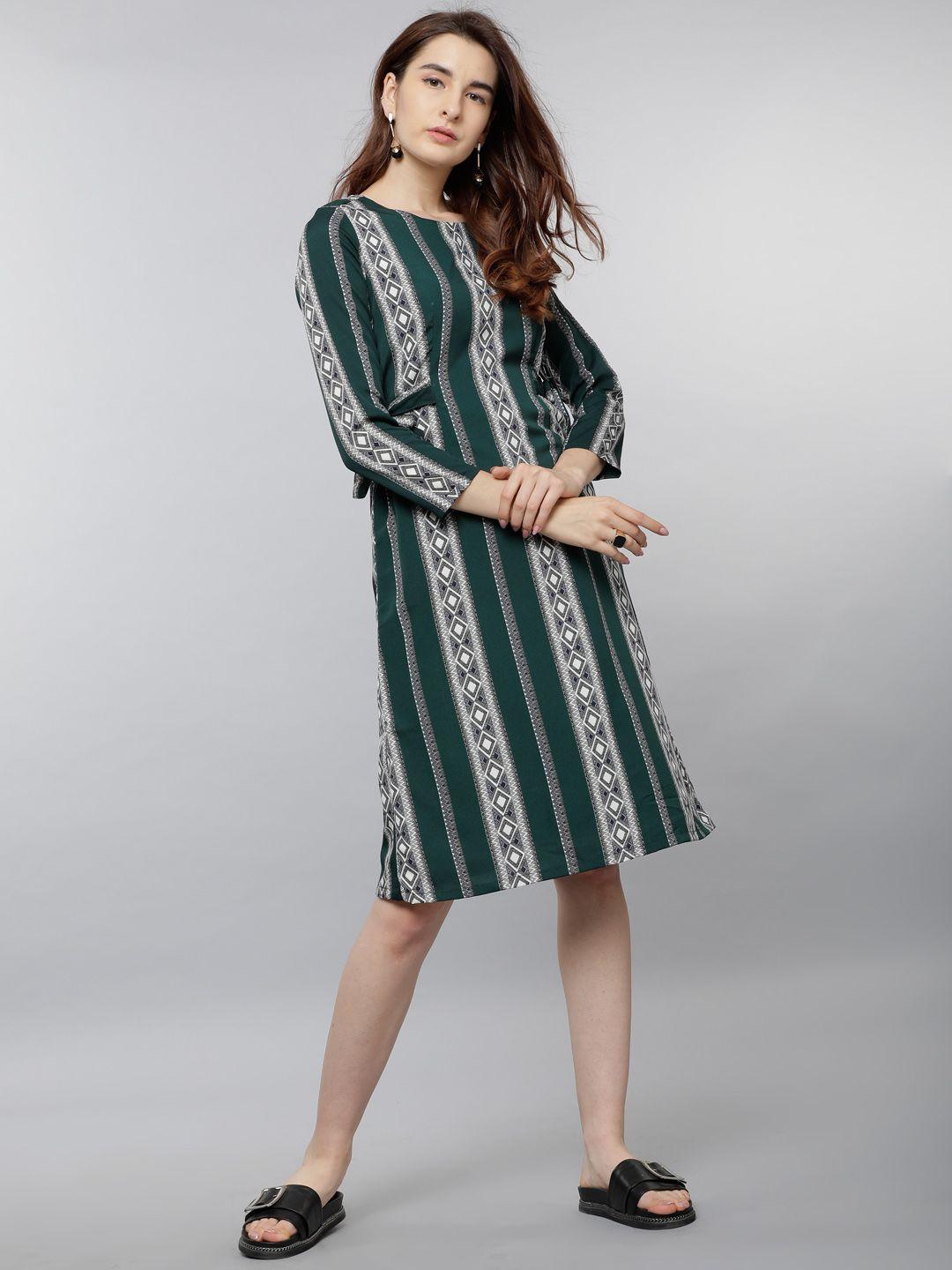 tokyo talkies women green printed fit and flare dress