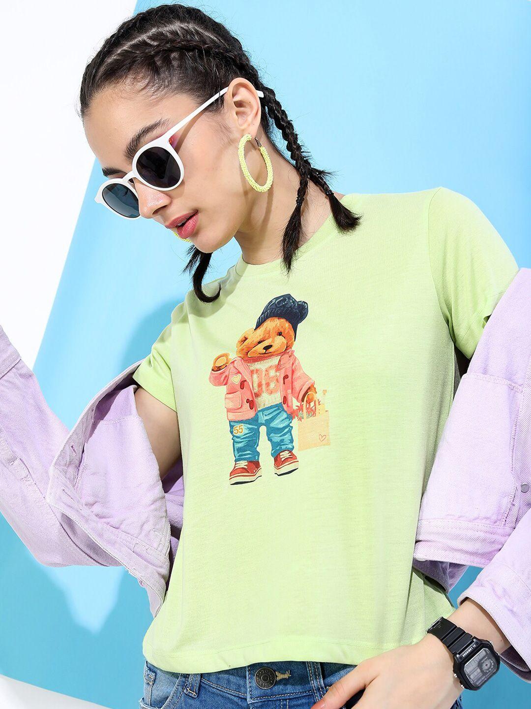 tokyo talkies women green printed slim fit t-shirt