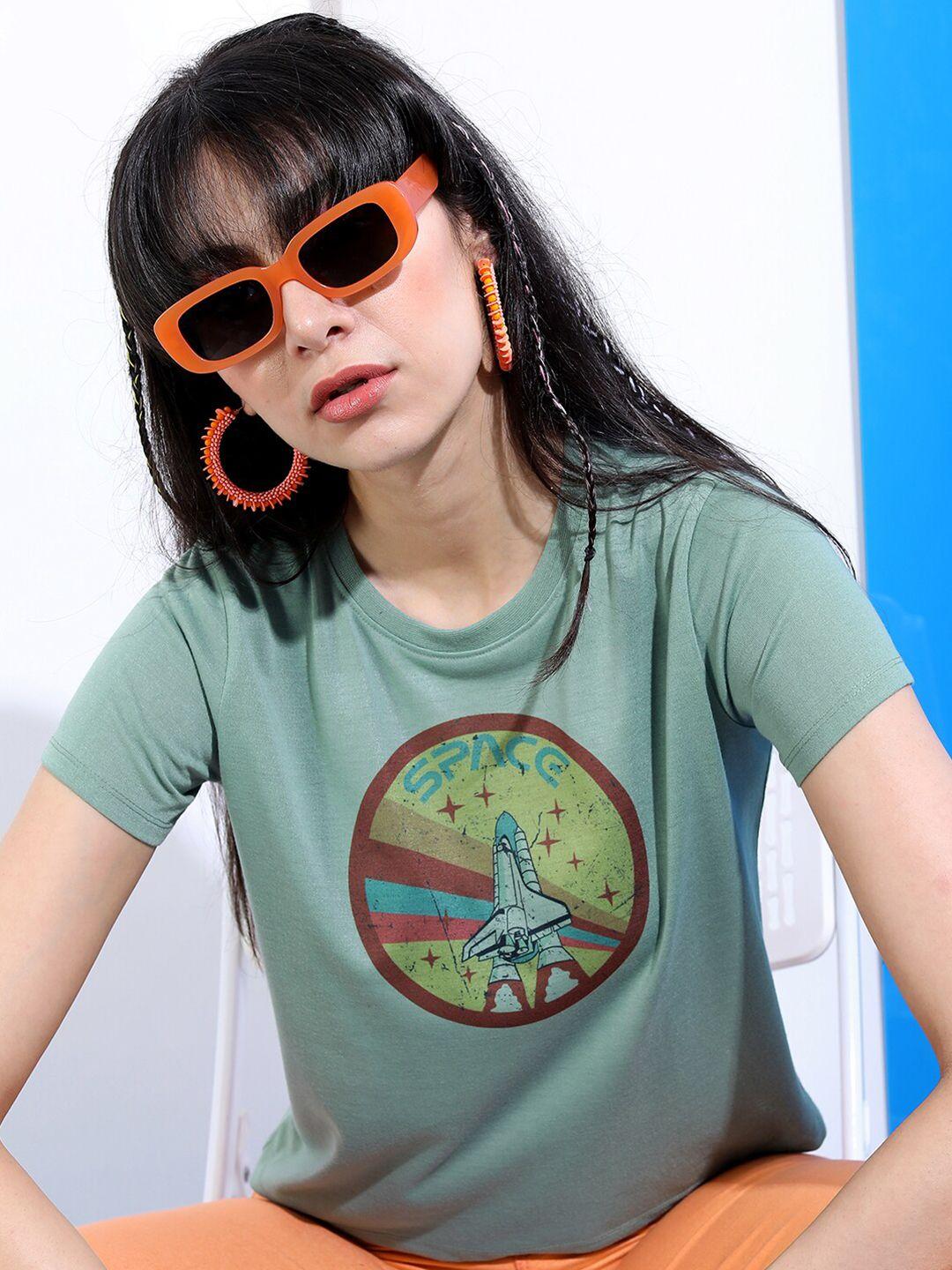 tokyo talkies women green printed slim fit t-shirt