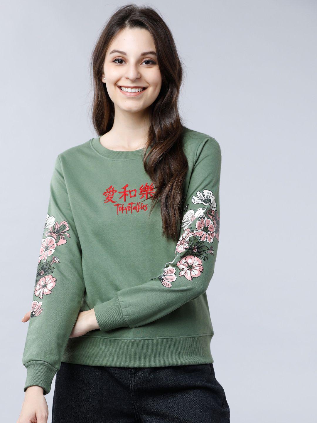 tokyo talkies women green printed sweatshirt