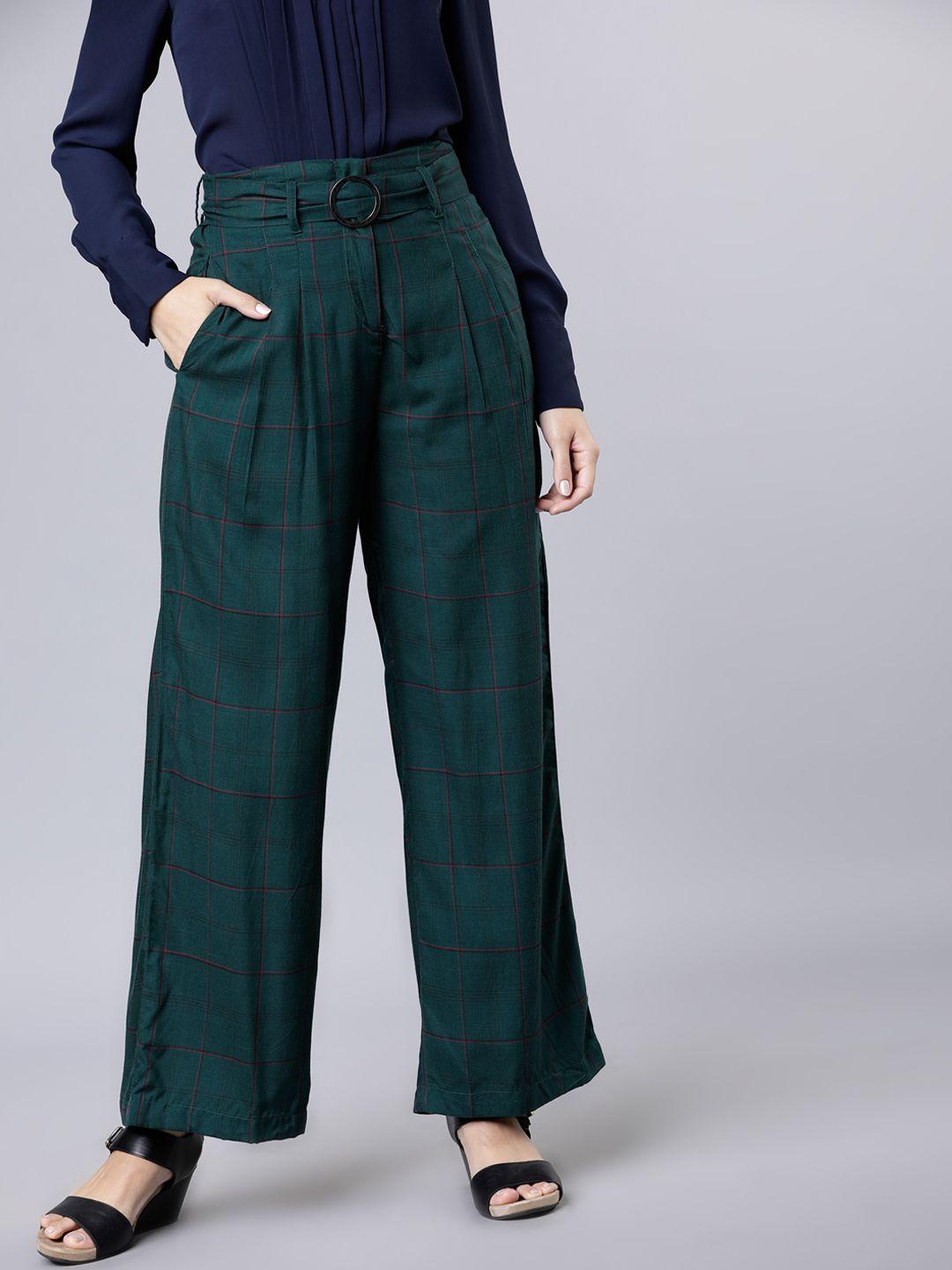 tokyo talkies women green regular fit checked culottes