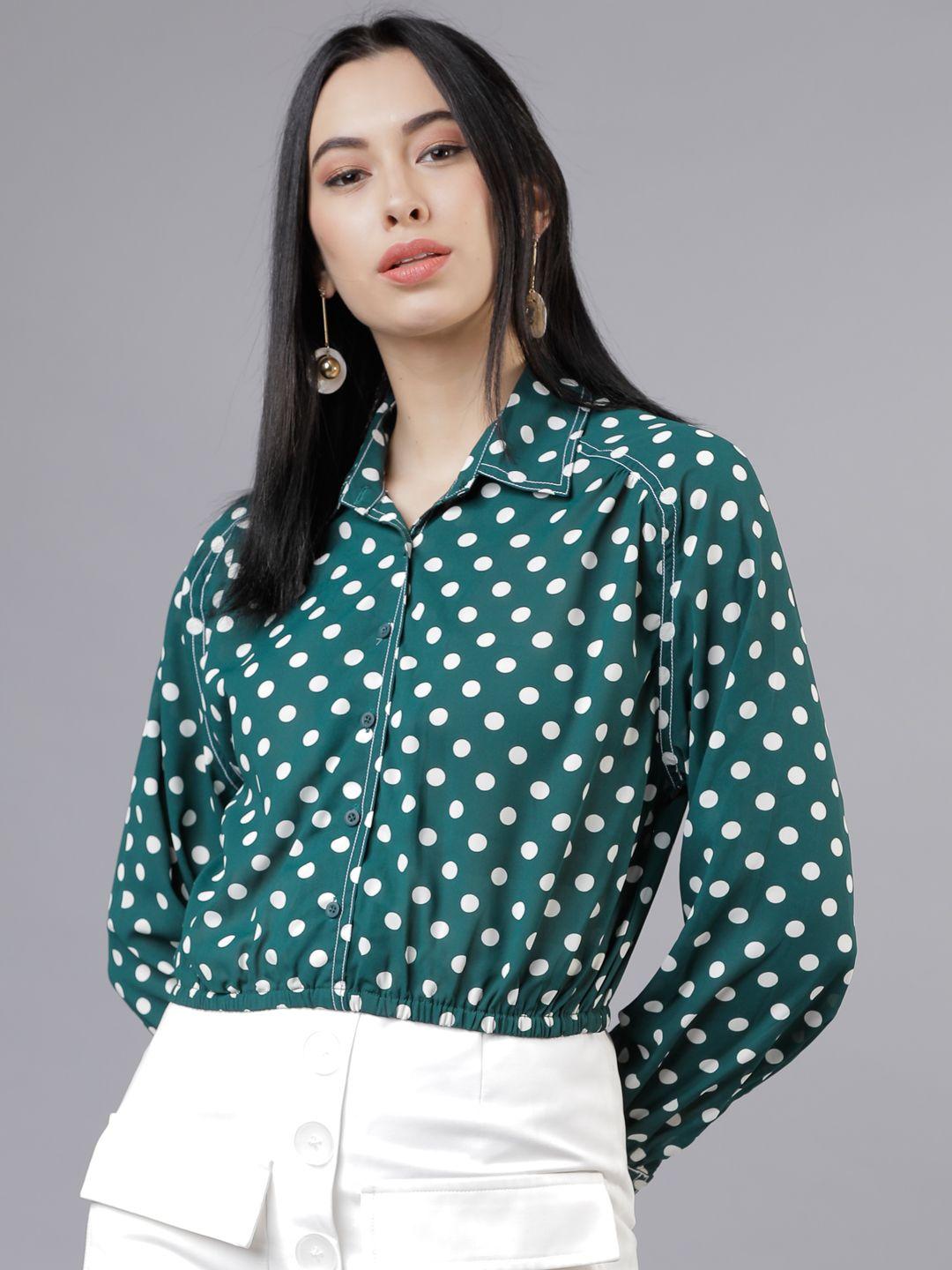 tokyo talkies women green regular fit printed casual shirt