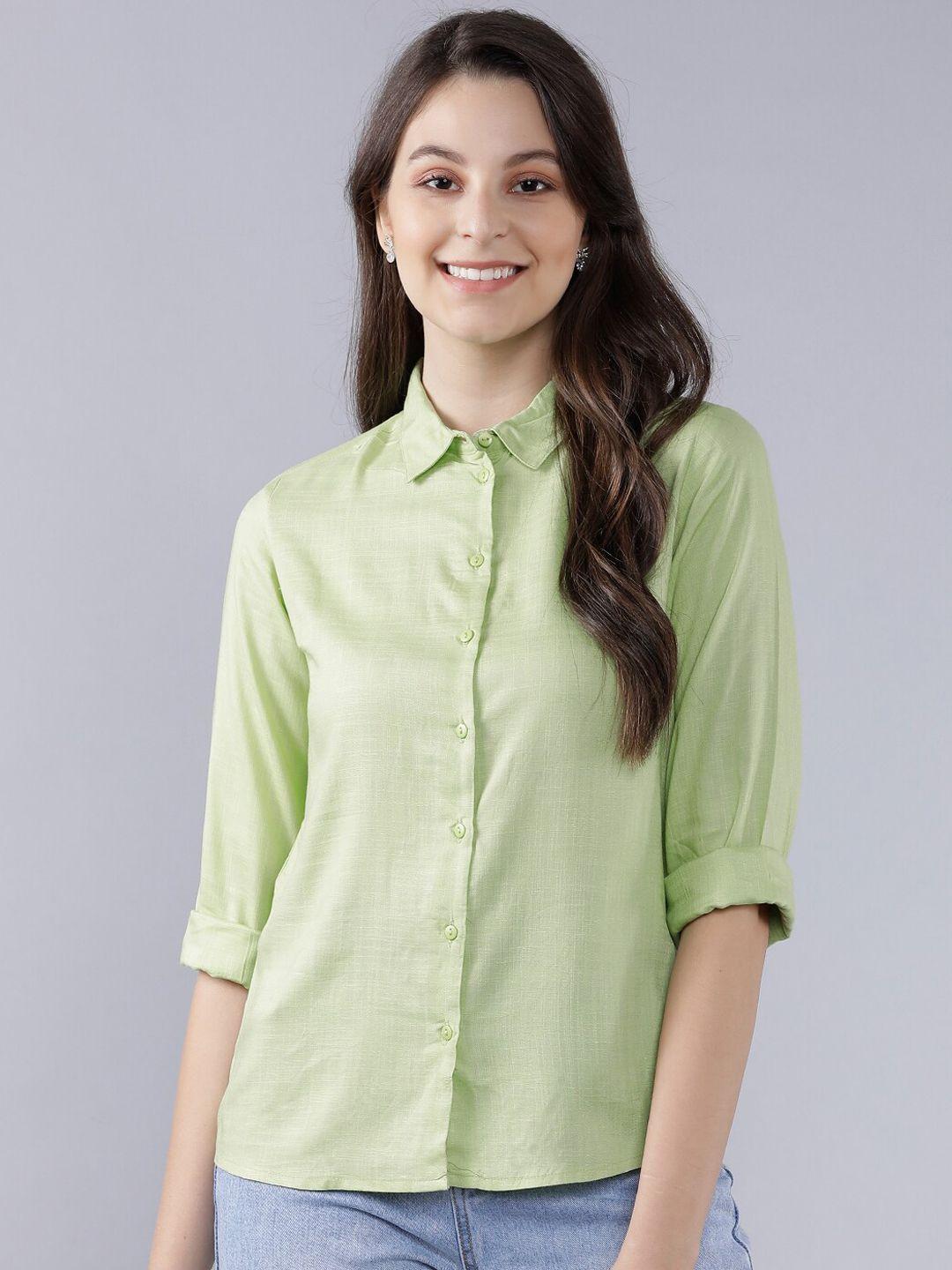 tokyo talkies women green regular fit solid casual shirt