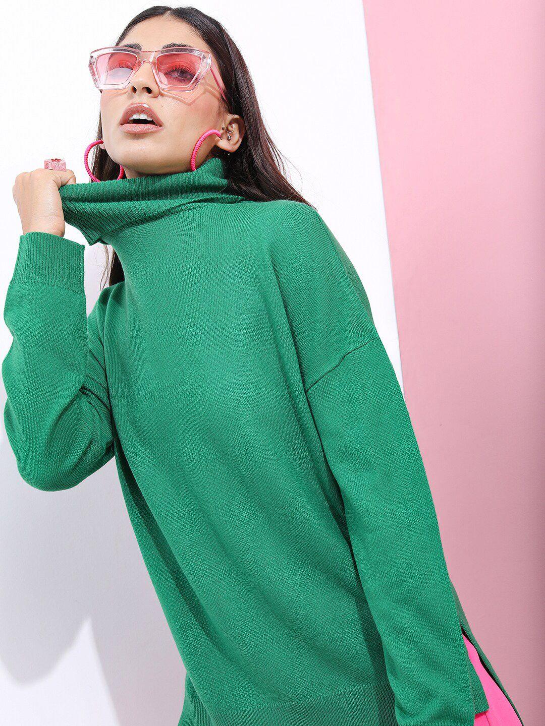 tokyo talkies women green solid acrylic pullover