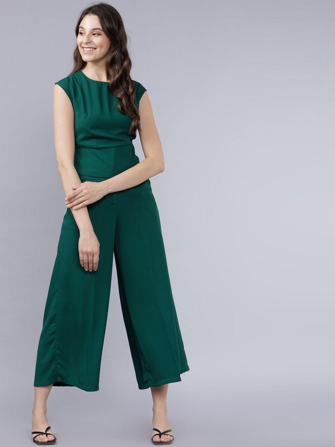 tokyo talkies women green solid belted top with flared trouser