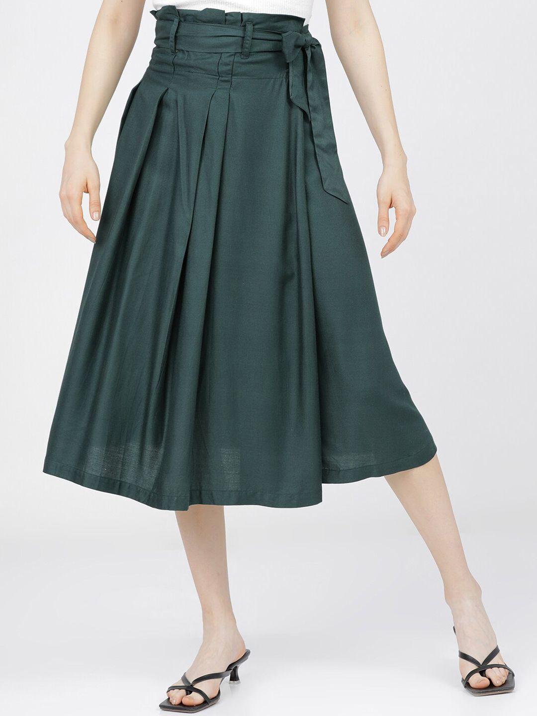 tokyo talkies women green solid casual-fit a-line skirt