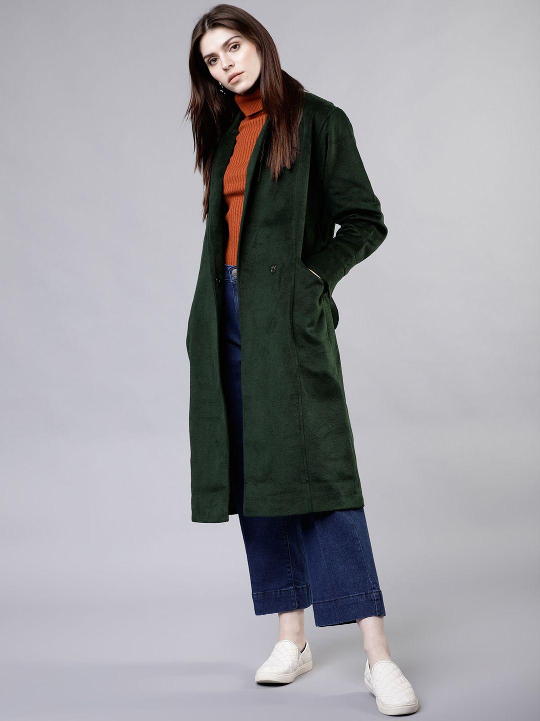 tokyo talkies women green solid double-breasted trench coat