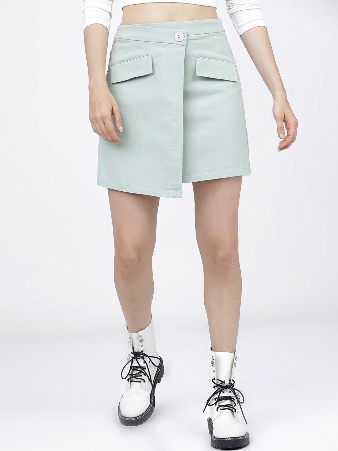 tokyo talkies women green solid mini length wrap skirt