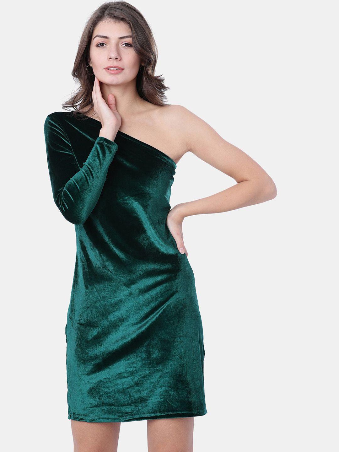 tokyo talkies women green solid one shoulder sheath dress