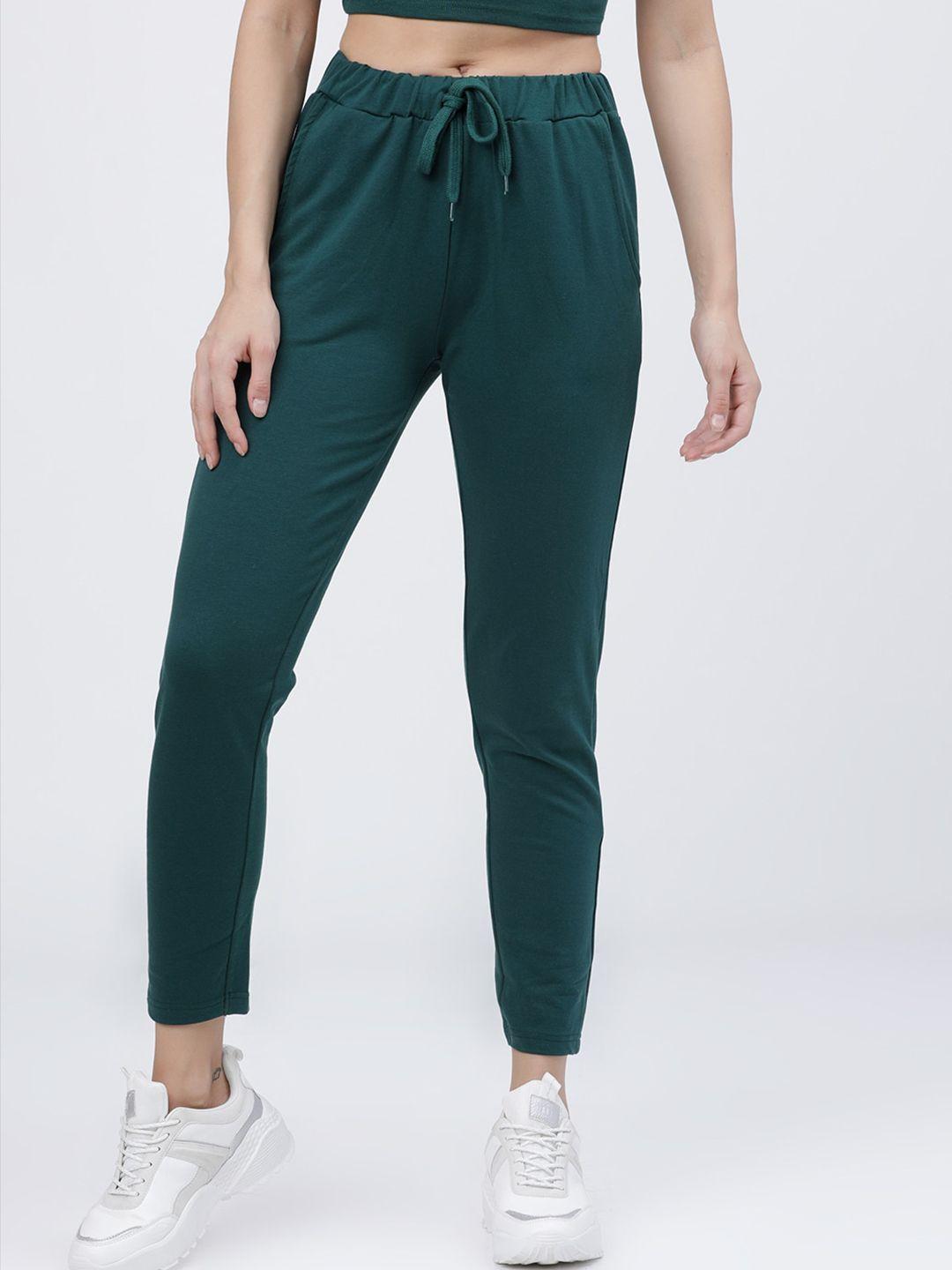 tokyo talkies women green solid slim-fit track pants
