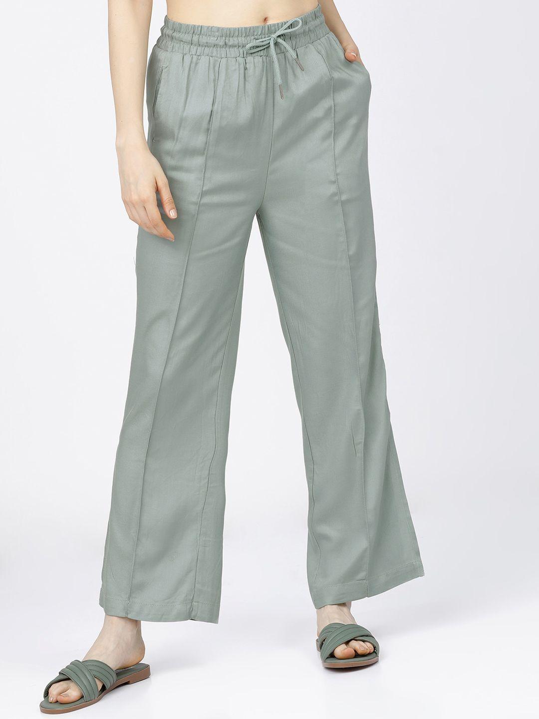tokyo talkies women green straight fit high-rise parallel trousers
