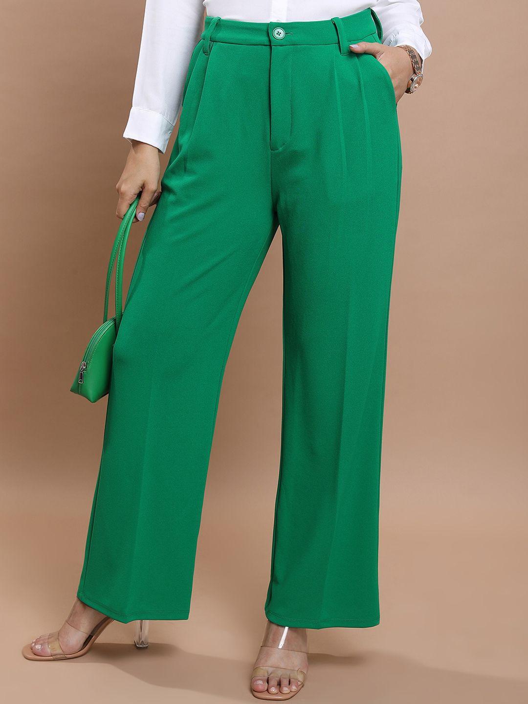 tokyo talkies women green straight fit pleated trousers