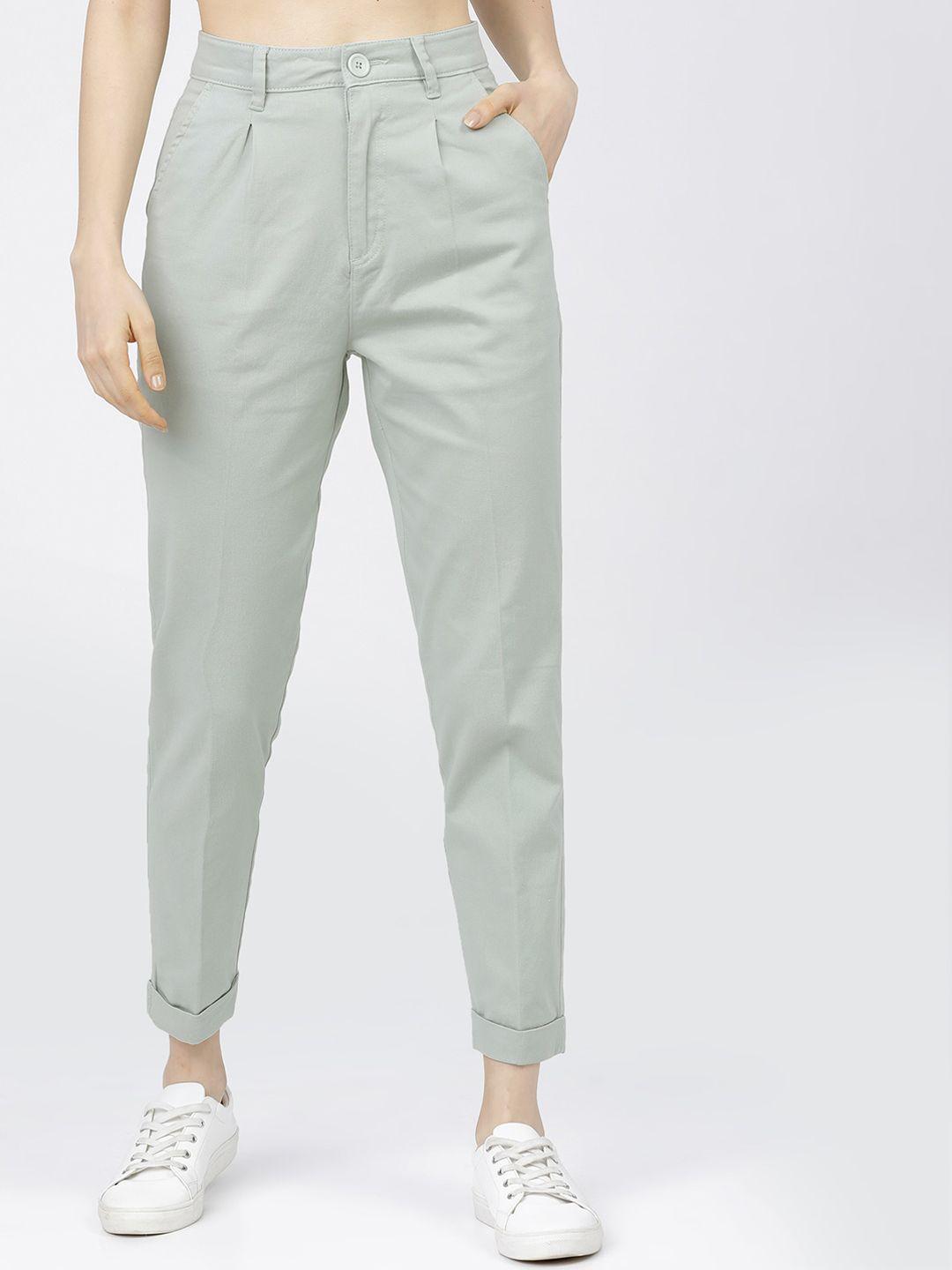 tokyo talkies women green tapered fit pleated trousers