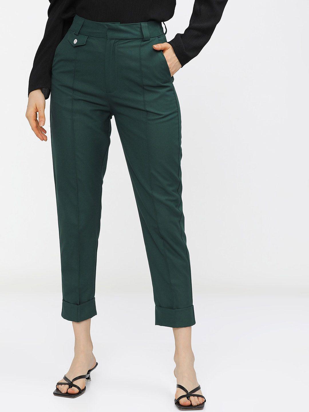 tokyo talkies women green tapered fit trousers