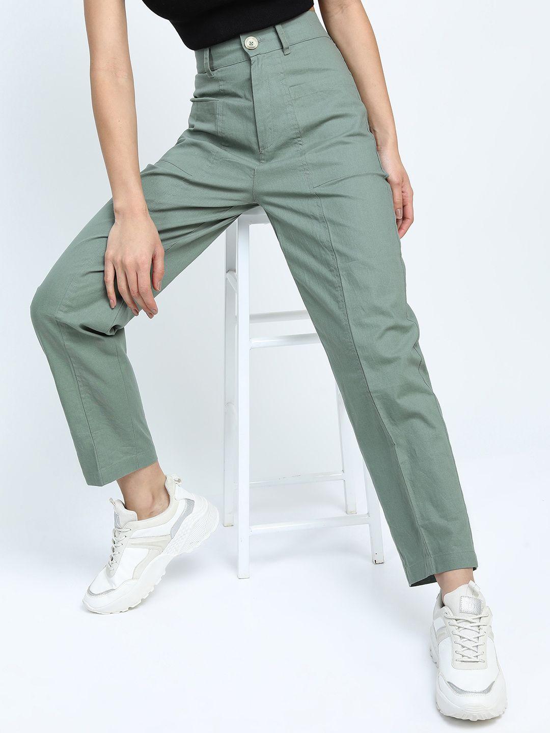 tokyo talkies women green tapered fit trousers