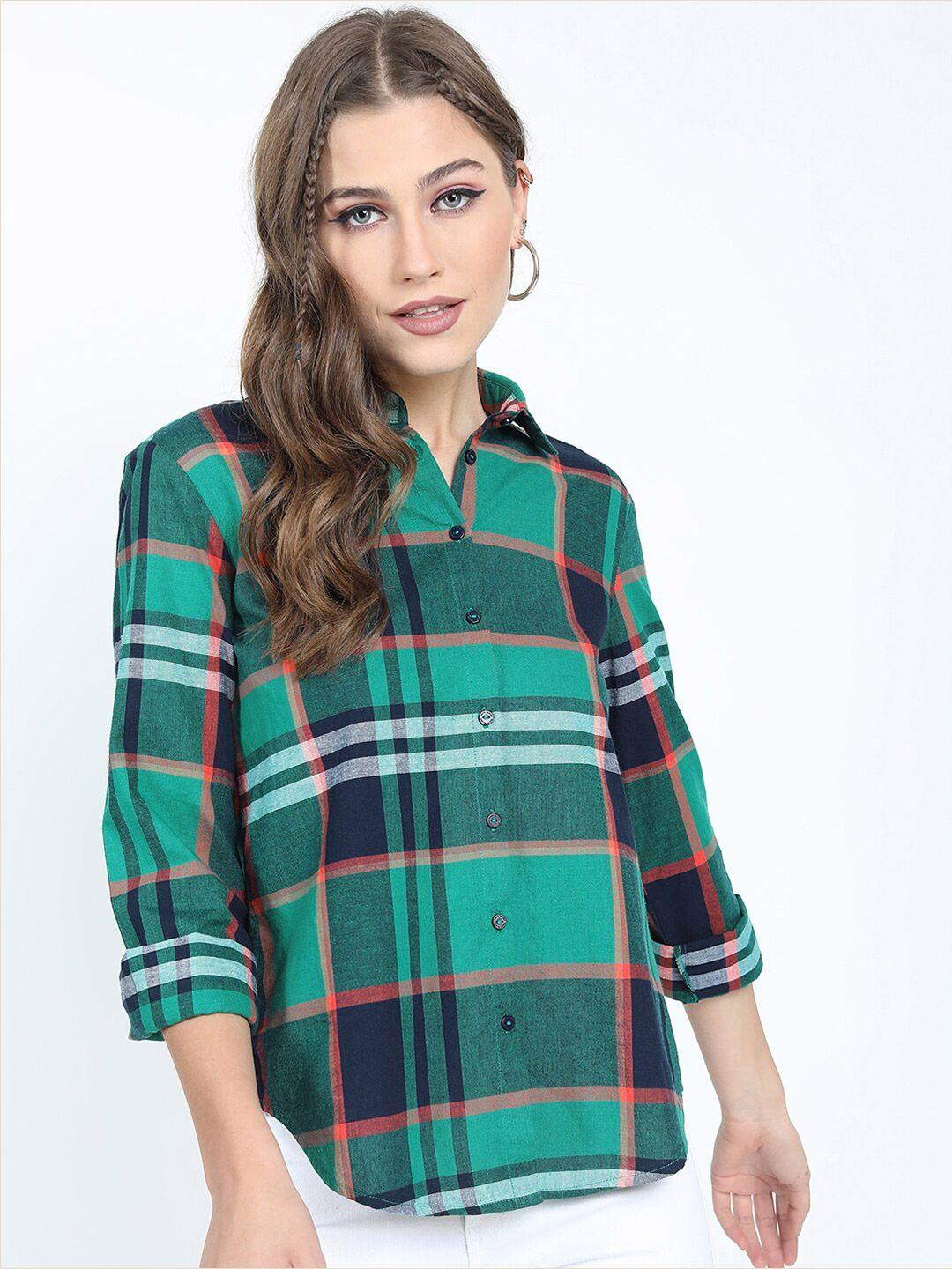 tokyo talkies women green tartan checks checked cotton casual shirt