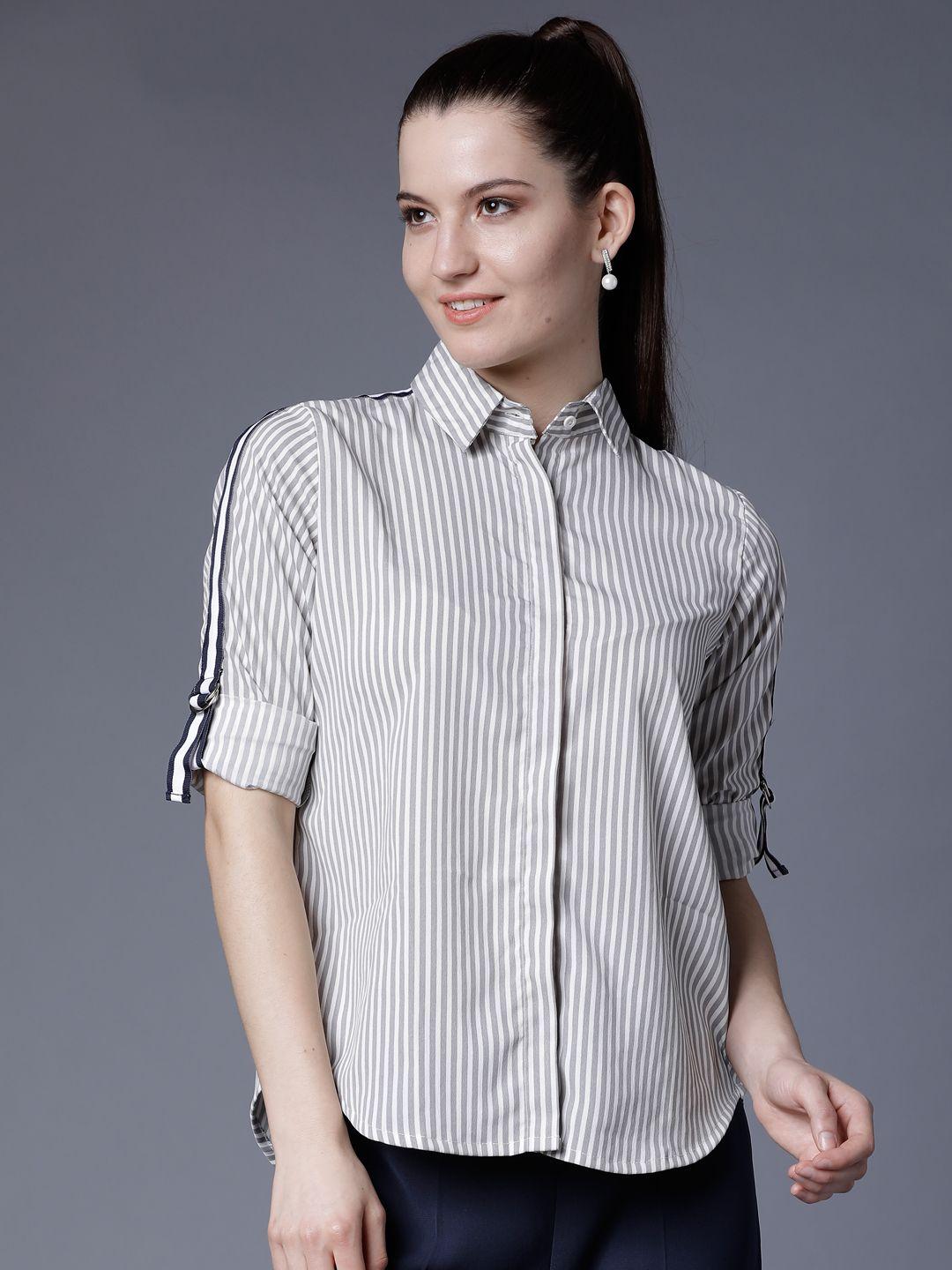 tokyo talkies women grey & white regular fit striped casual shirt