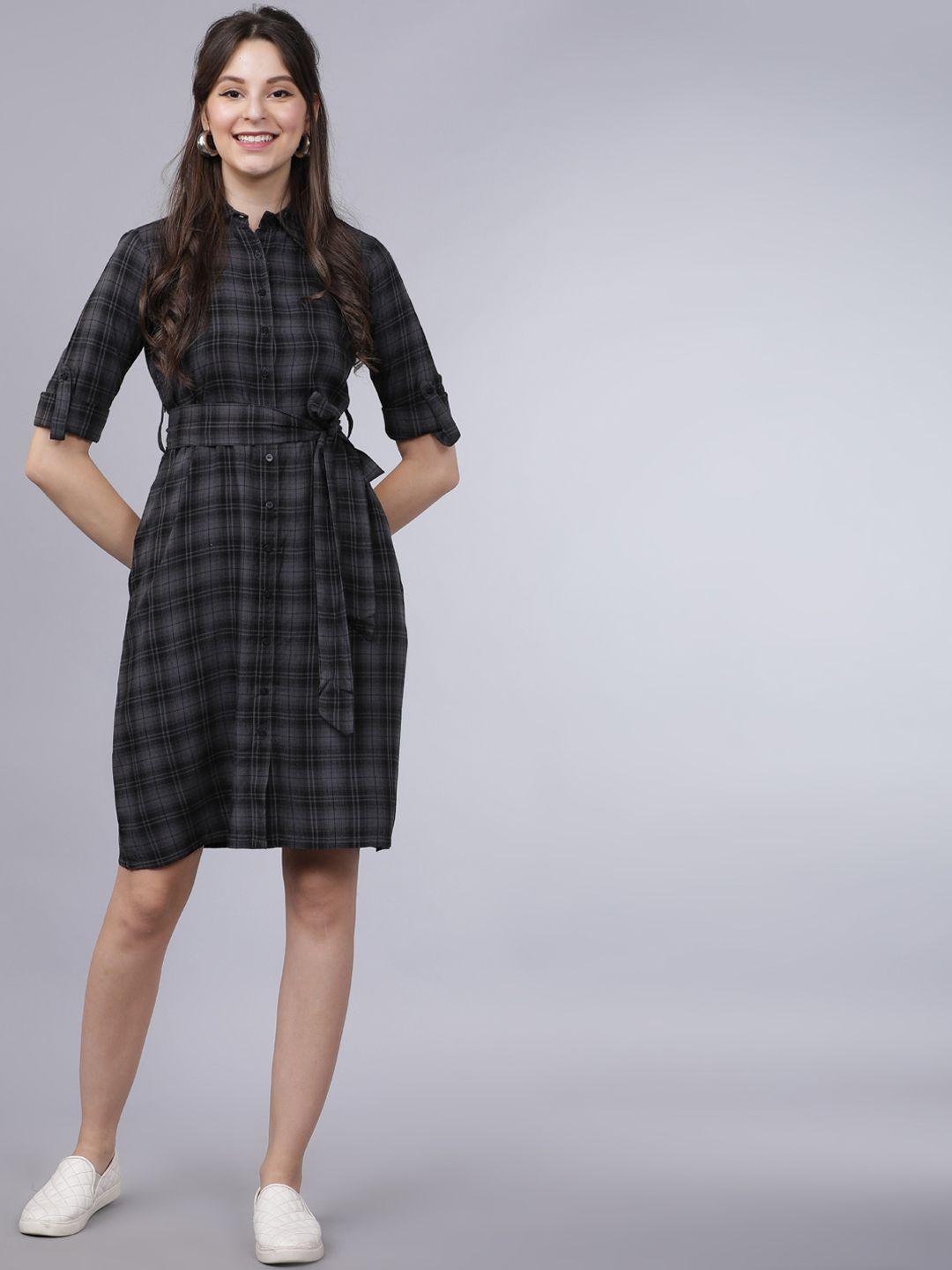 tokyo talkies women grey checked shirt dress