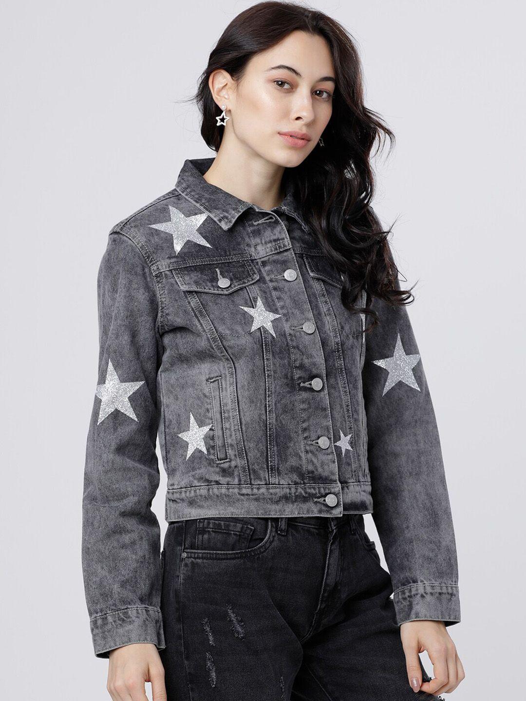 tokyo talkies women grey printed denim jacket