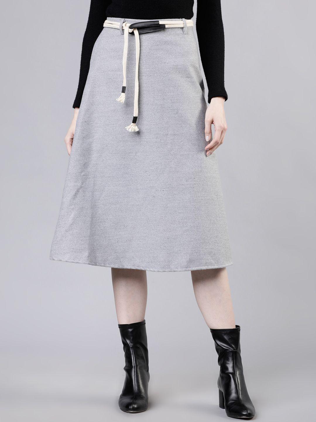 tokyo talkies women grey solid a-line midi skirt