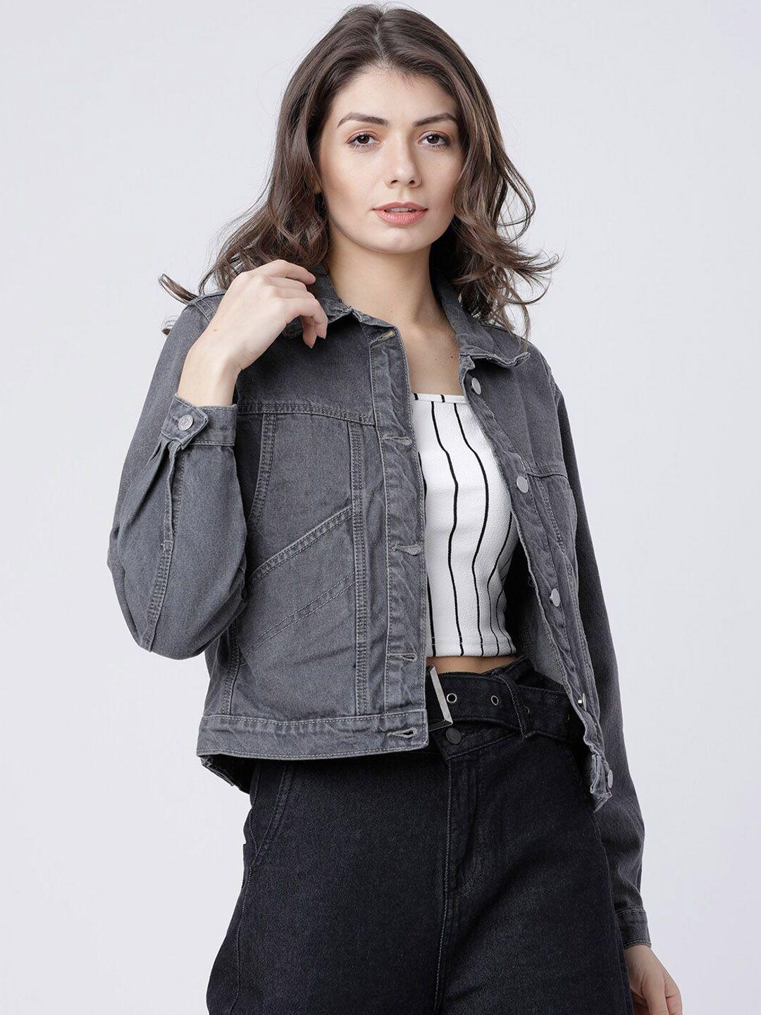 tokyo talkies women grey solid crop denim jacket