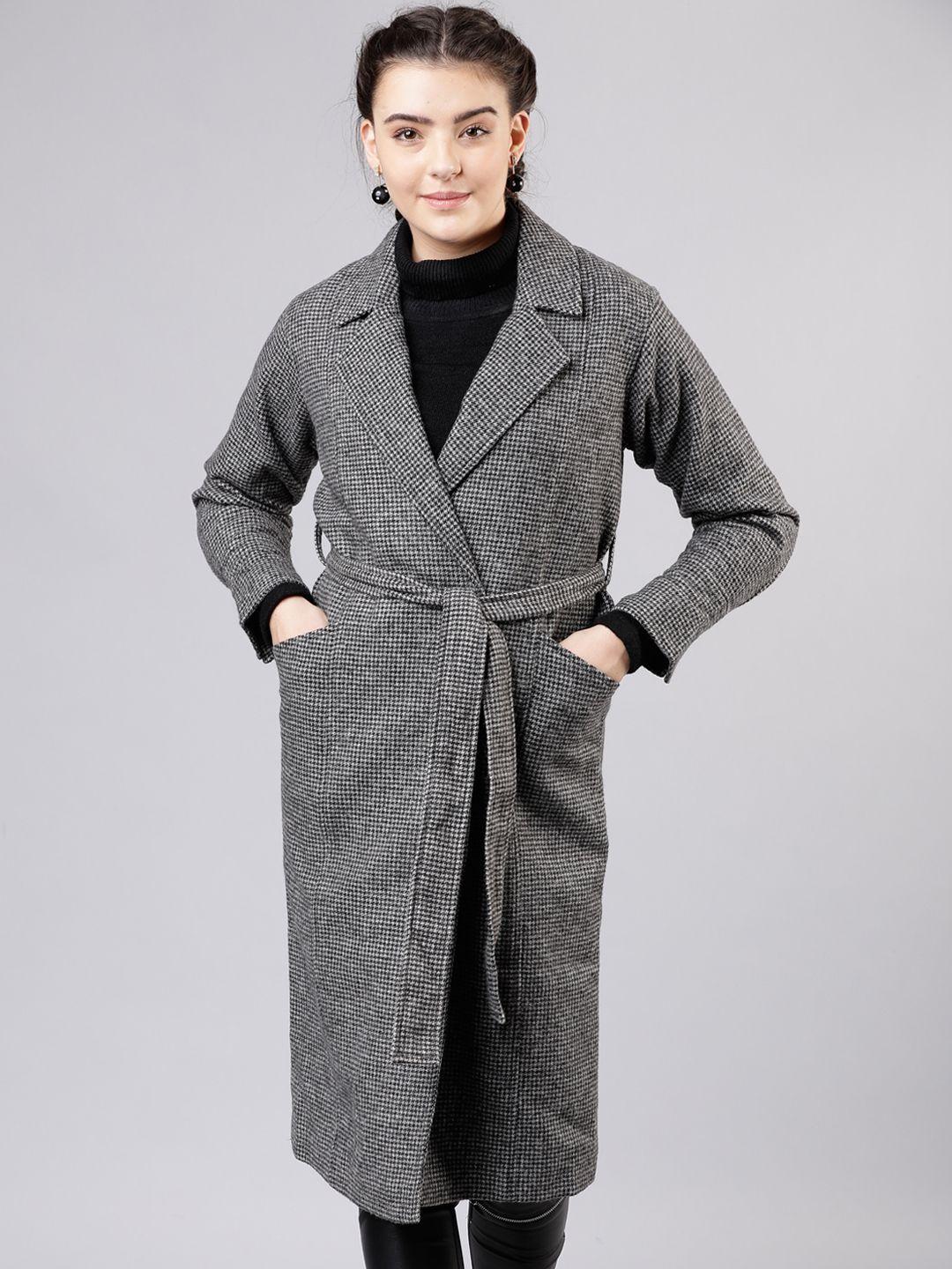 tokyo talkies women grey solid houndstooth trench coat