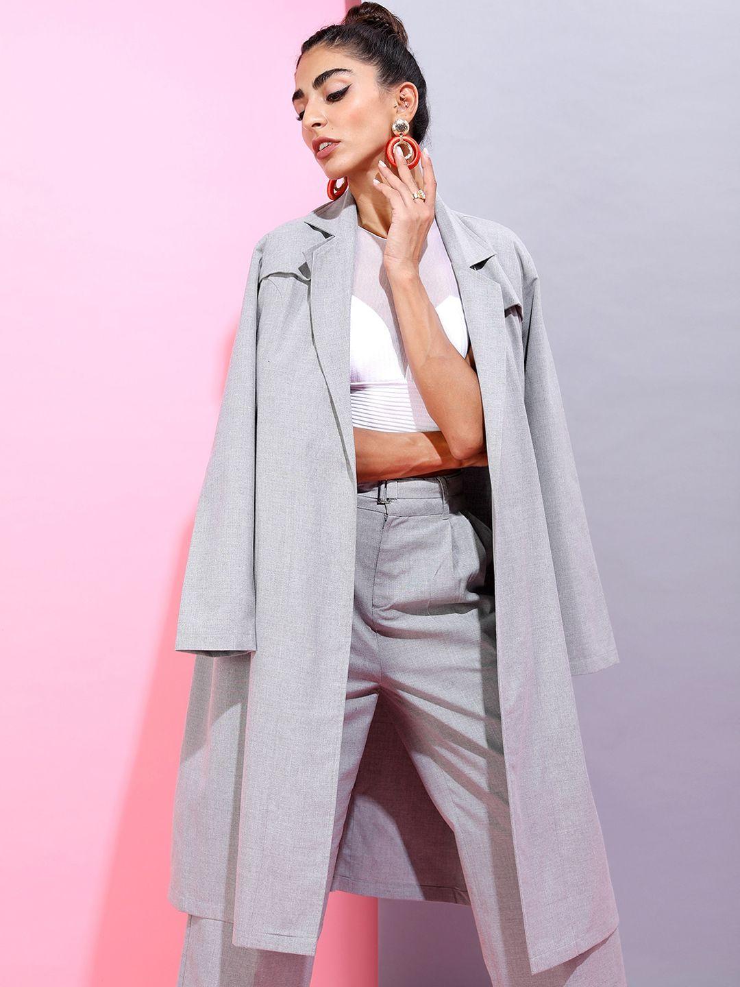 tokyo talkies women grey solid longline trench coat