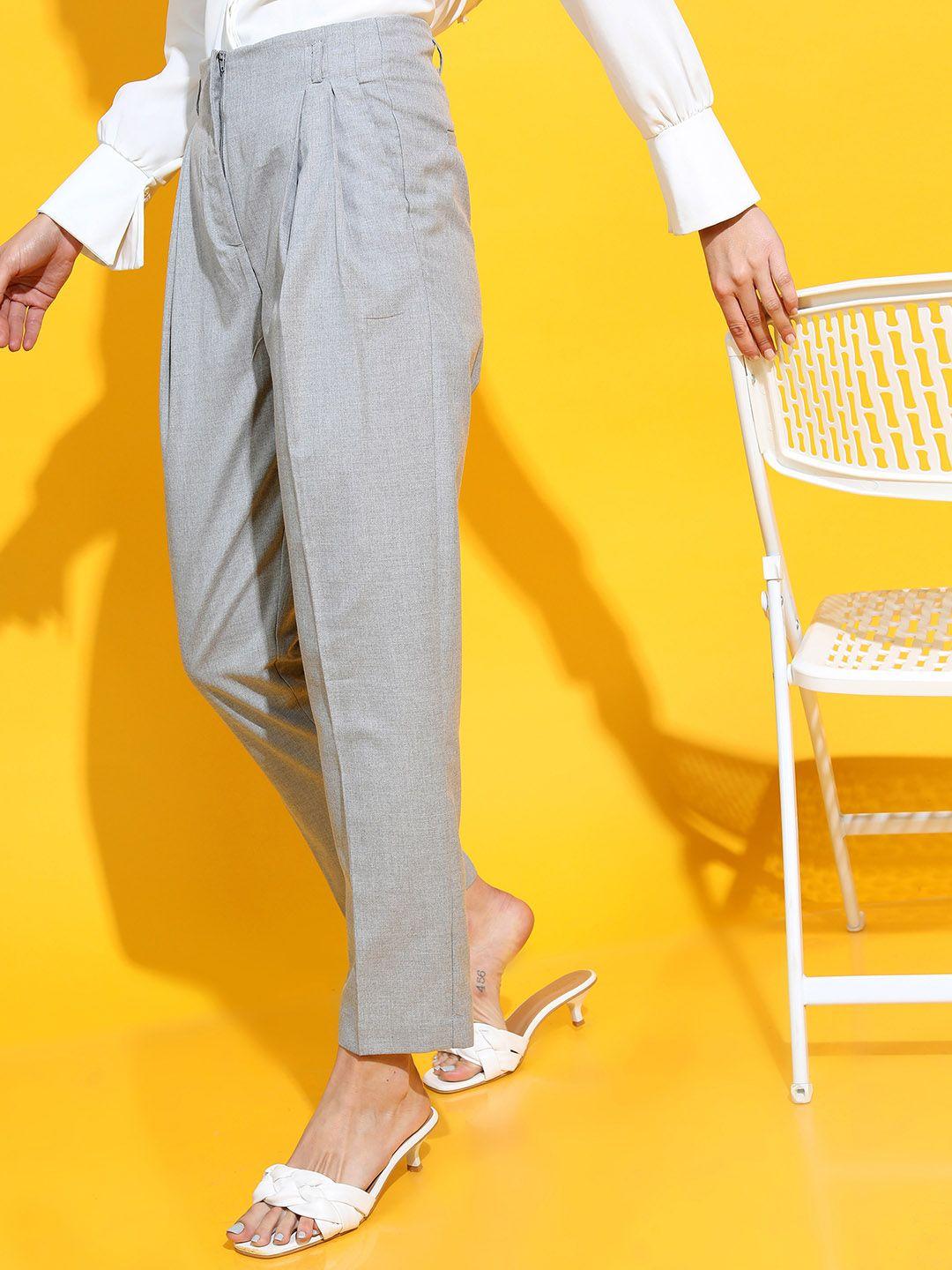tokyo talkies women grey solid regular fit trousers