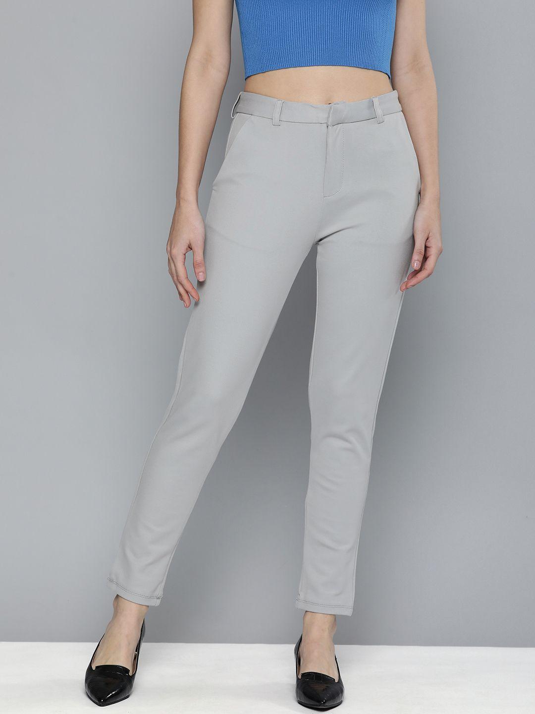tokyo talkies women grey solid slim fit trousers