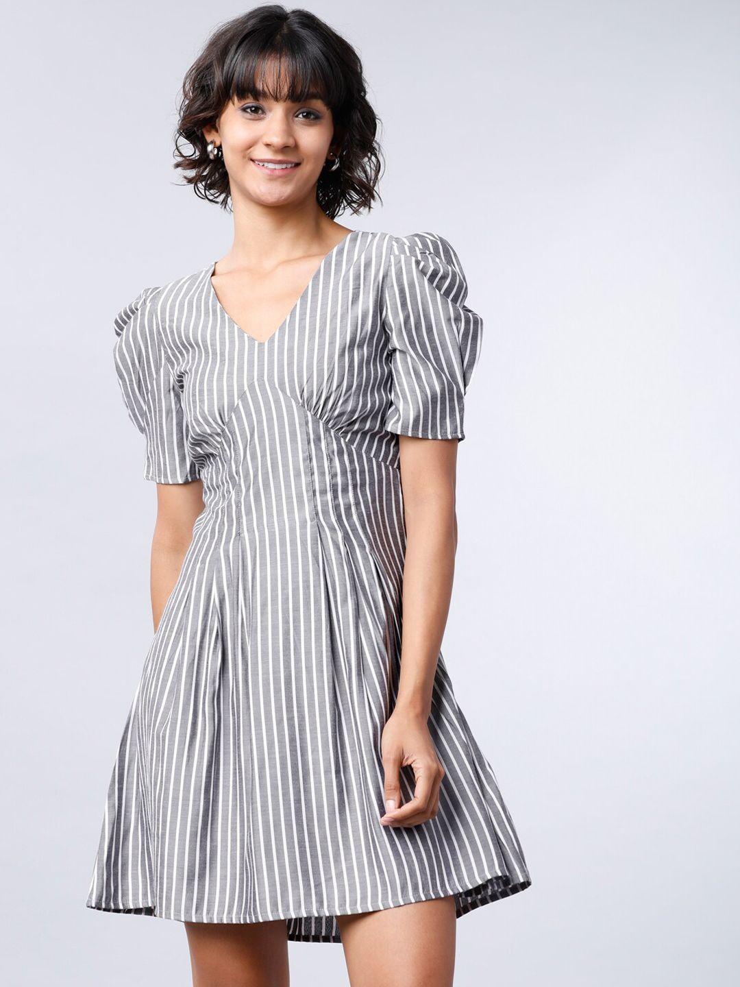 tokyo talkies women grey striped fit and flare dress