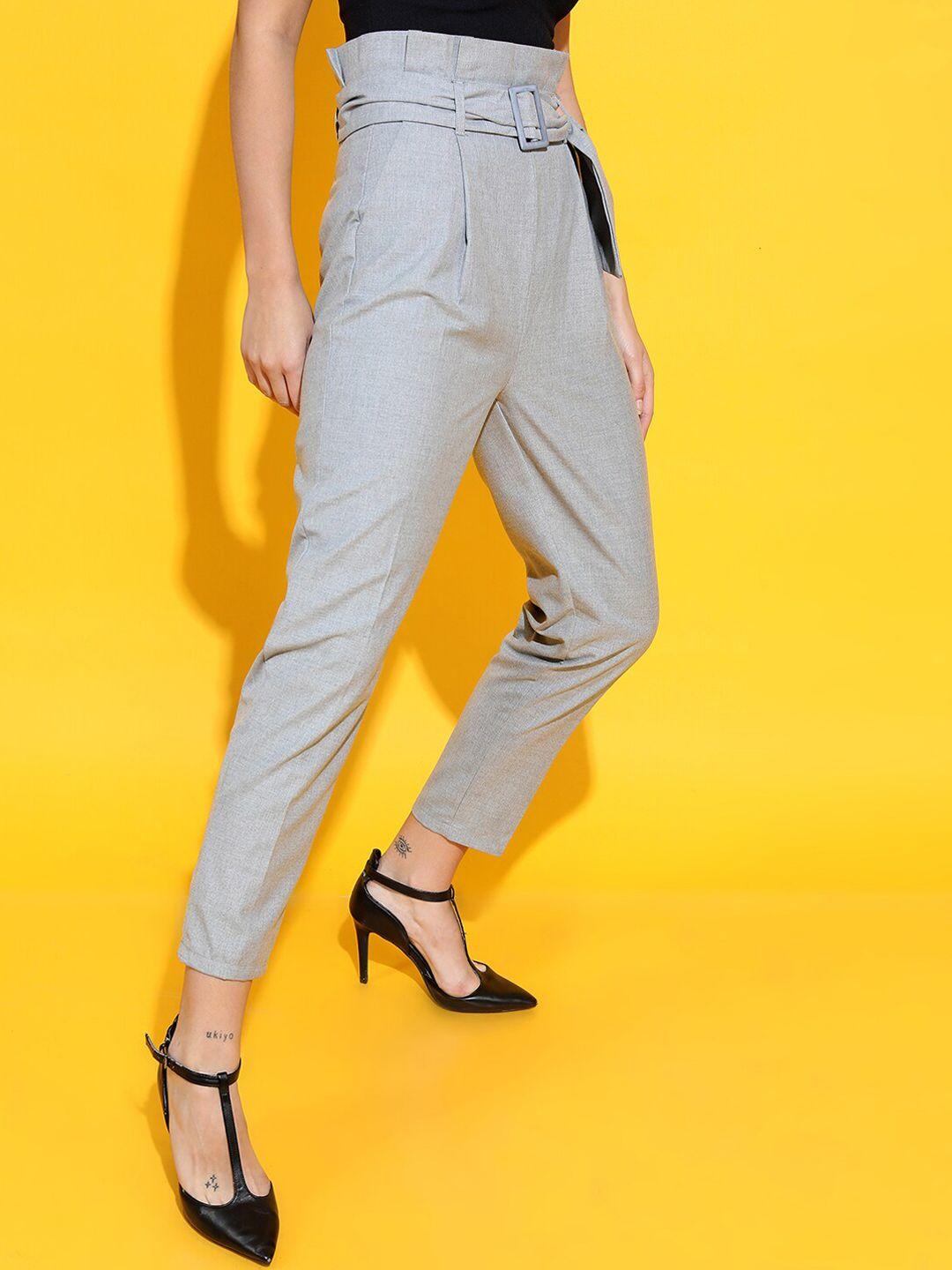tokyo talkies women grey textured tapered fit trousers