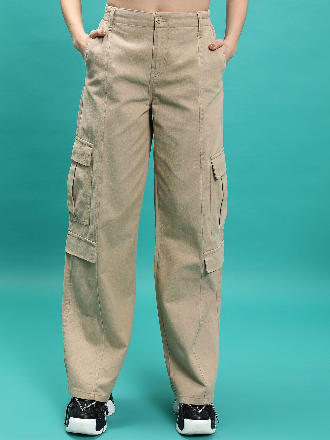 tokyo talkies women khaki cotton cargo trousers