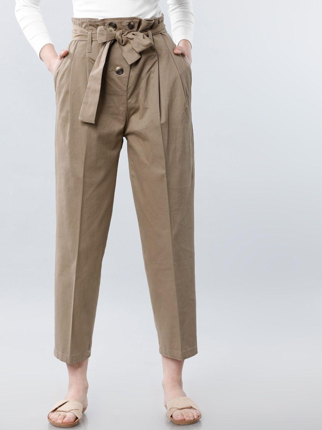 tokyo talkies women khaki regular fit solid peg trousers