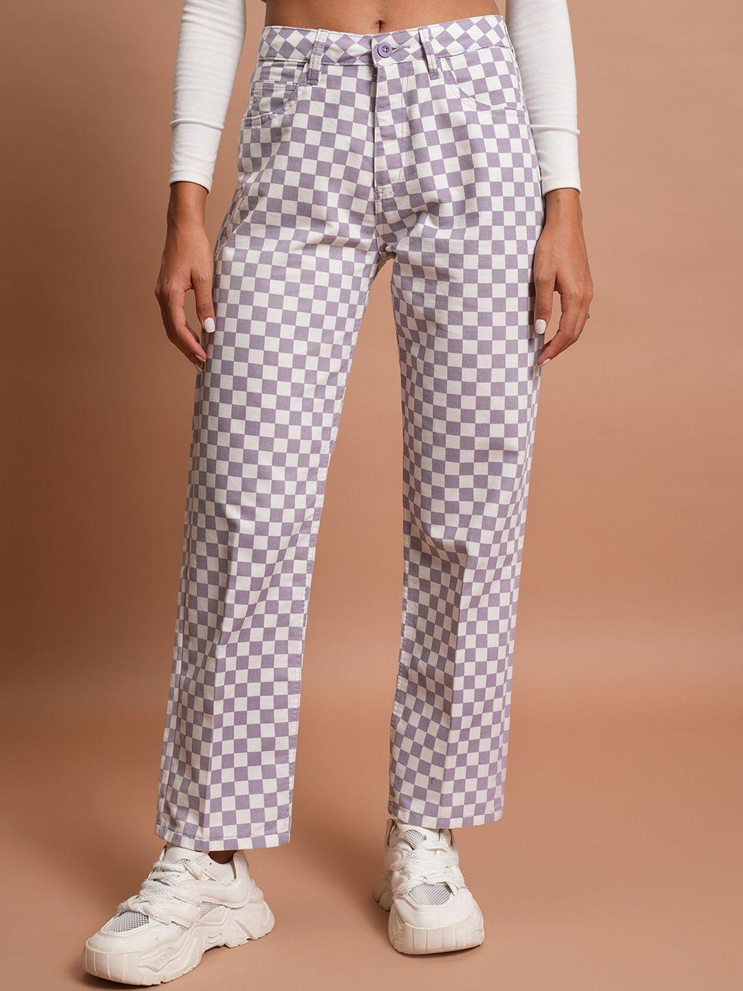 tokyo talkies women lavender geometric printed straight fit plain cotton trousers